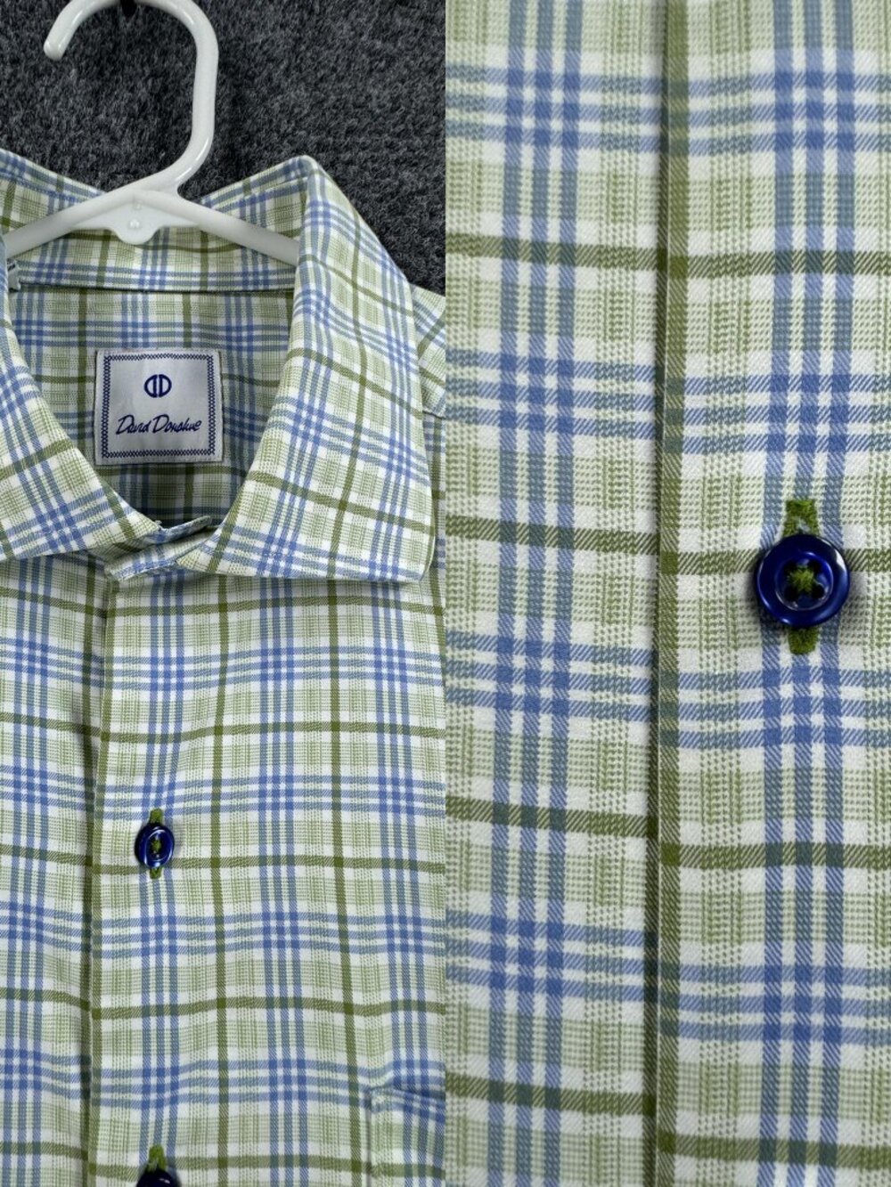 David Donahue Men Large Plaid Cotton Green Blue Long Sleeve Shirt Pocket Adult